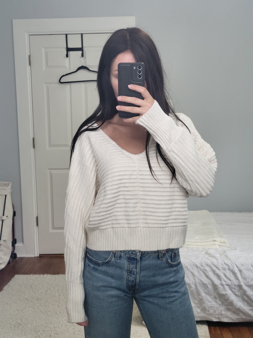 V-Neck Ribbed Cream Women's Sweater